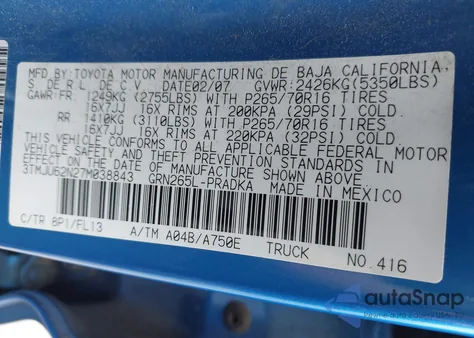 2007 Toyota Tacoma Prerunner V6 из США, поврежденный, VIN 3TMJU62N27M038843